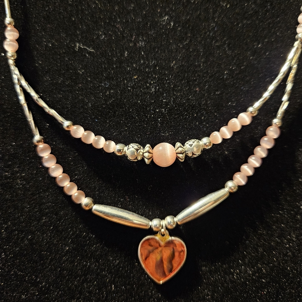 HEART BEADED NECKLACE with SILVERTONE & PINK BEADS. Women's Girl's NWOT